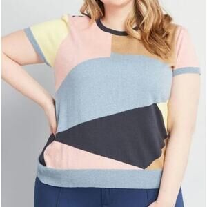 ModCloth Masterful Mosaic Colorblock Short Sleeve Scoop Neck Sweater